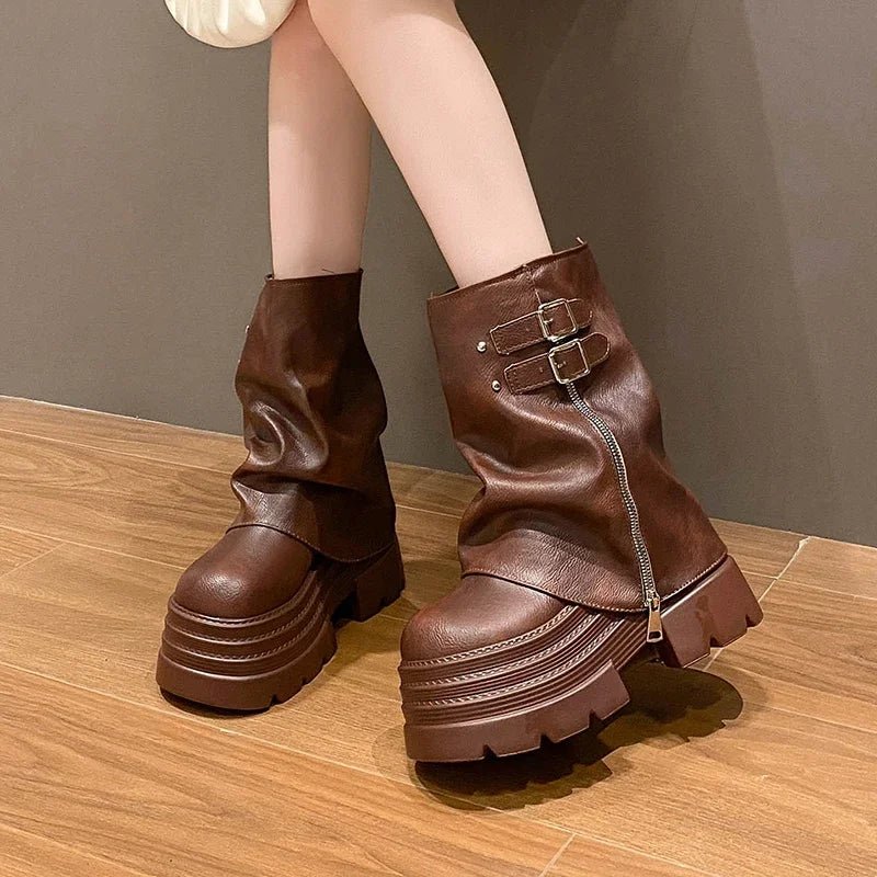 Shoes for Women New Mid - Calf Boots 10CM High Platform Modern Boots Belt Buckle Punk Shoes Female Zip Leather Motorcycle Boots - 𝐃𝐔𝐕𝐋𝐀𝐒𝐇𝐎𝐏