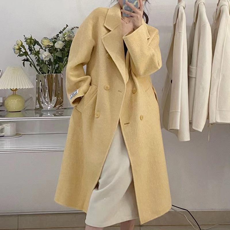 Winter Popular New Long Mulberry Silk Woolen Overcoat Women Double Breasted Lacing Belt Classic Pink Loose Wool Coat Jacket - 𝐃𝐔𝐕𝐋𝐀𝐒𝐇𝐎𝐏