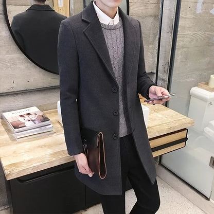 Men's coat, medium long windbreaker, winter slim fit woolen coat, teenage student thick woolen coat