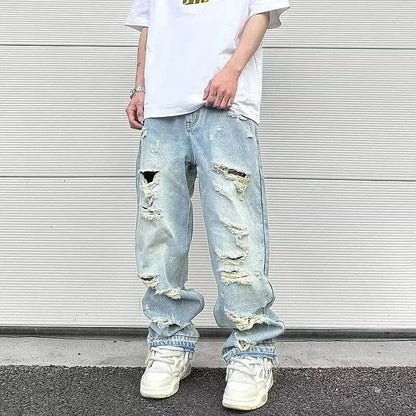 2023 Men's Vintage American Style Distressed Straight - leg Jeans Trendy European American High Street Washing Machine Ripped - 𝐝𝐮𝐯𝐥𝐚𝐬𝐡𝐨𝐩.𝐜𝐨𝐦