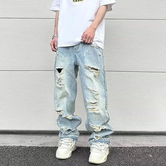2023 Men's Vintage American Style Distressed Straight - leg Jeans Trendy European American High Street Washing Machine Ripped - 𝐝𝐮𝐯𝐥𝐚𝐬𝐡𝐨𝐩.𝐜𝐨𝐦