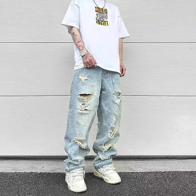 2023 Men's Vintage American Style Distressed Straight - leg Jeans Trendy European American High Street Washing Machine Ripped - 𝐝𝐮𝐯𝐥𝐚𝐬𝐡𝐨𝐩.𝐜𝐨𝐦