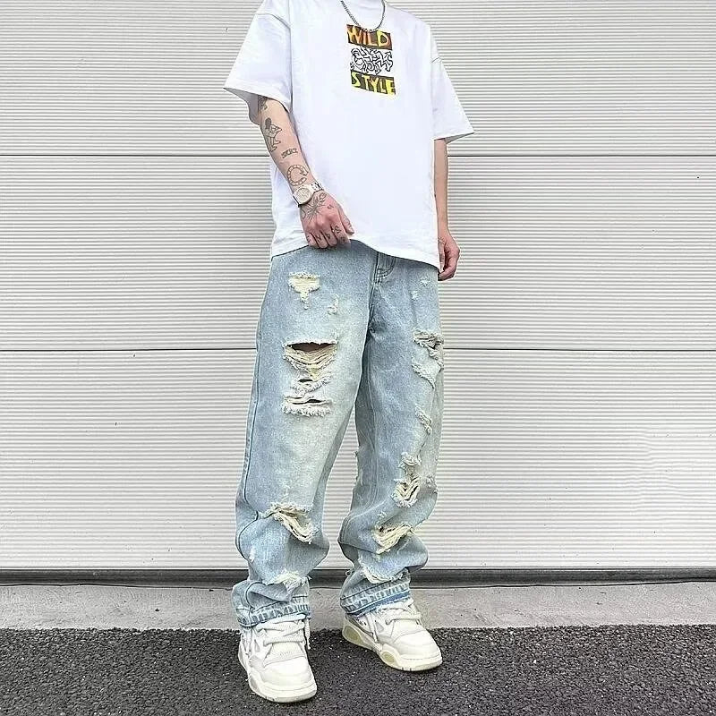 2023 Men's Vintage American Style Distressed Straight - leg Jeans Trendy European American High Street Washing Machine Ripped - 𝐝𝐮𝐯𝐥𝐚𝐬𝐡𝐨𝐩.𝐜𝐨𝐦