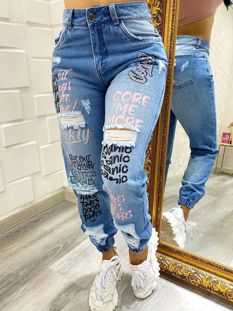 2024 New Letter Print Slant Pocket Ripped Jeans Casual Jeans Women - 𝐝𝐮𝐯𝐥𝐚𝐬𝐡𝐨𝐩.𝐜𝐨𝐦