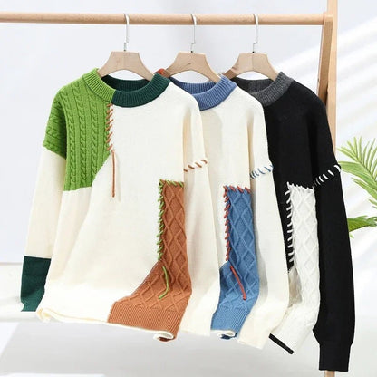 2025 New Male Patchwork Sweater Trend High Street Fashion Autumn and Winter Warm Mens Hip - hop Street Clothing Men pullover shirt - 𝐃𝐔𝐕𝐋𝐀𝐒𝐇𝐎𝐏