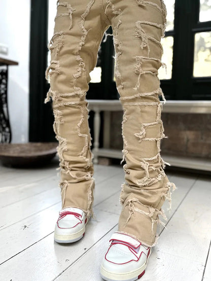 2025 New Men's Stacked Jeans Stretched Patchwork Tassel Damaged Denim Full Length Pants Hip - pop Trousers For Male - 𝐃𝐔𝐕𝐋𝐀𝐒𝐇𝐎𝐏