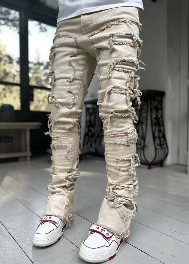 2025 New Men's Stacked Jeans Stretched Patchwork Tassel Damaged Denim Full Length Pants Hip - pop Trousers For Male - 𝐝𝐮𝐯𝐥𝐚𝐬𝐡𝐨𝐩.𝐜𝐨𝐦