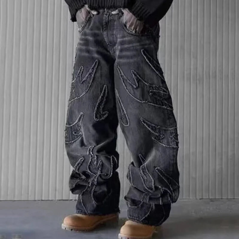 2025 Y2k Hip Hop Baggy Jeans Men's Street Fashion Raw Edge Embroidered Jeans Street Gothic Retro High Waisted Wide Leg Trousers - 𝐝𝐮𝐯𝐥𝐚𝐬𝐡𝐨𝐩.𝐜𝐨𝐦