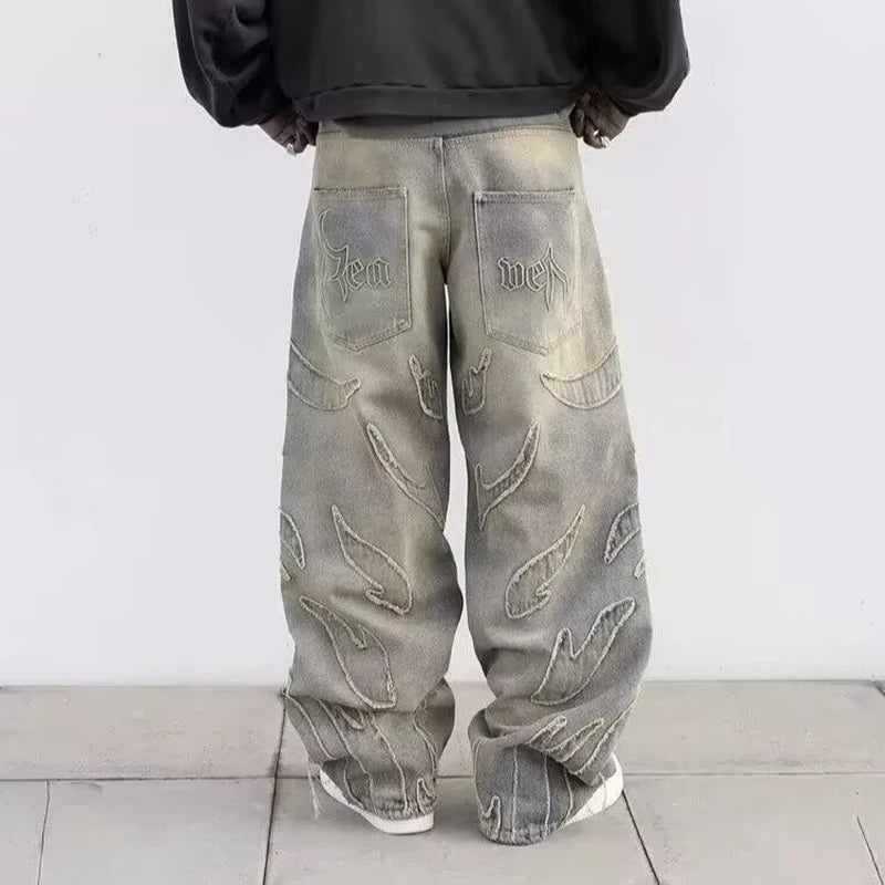 2025 Y2k Hip Hop Baggy Jeans Men's Street Fashion Raw Edge Embroidered Jeans Street Gothic Retro High Waisted Wide Leg Trousers - 𝐝𝐮𝐯𝐥𝐚𝐬𝐡𝐨𝐩.𝐜𝐨𝐦