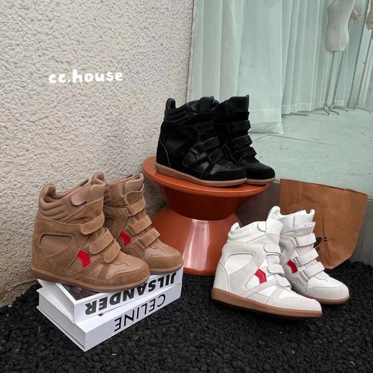 2026 Autumn/Winter New Genuine Leather 8cm Thick - Soled Velcro High - Top Sneakers, Women's, Versatile Casual Sneakers - 𝐃𝐔𝐕𝐋𝐀𝐒𝐇𝐎𝐏