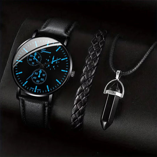 3PCS/Set Men Business Watches Casual Leather Band Analog Male's Quartz Watch Necklace Bracelet Set - 𝐝𝐮𝐯𝐥𝐚𝐬𝐡𝐨𝐩.𝐜𝐨𝐦