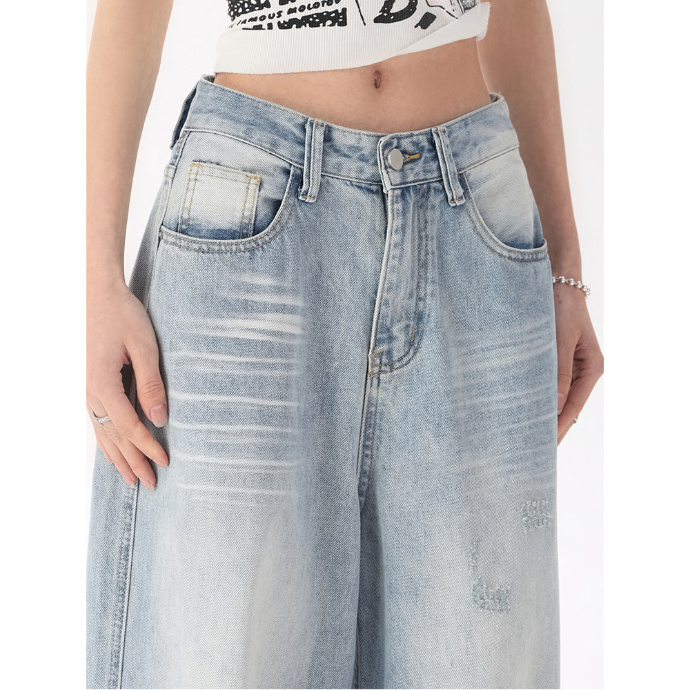 Washed Denim Pants Women Loose High Waist Bleached Straight Leg Wide Leg Floor Length Pants