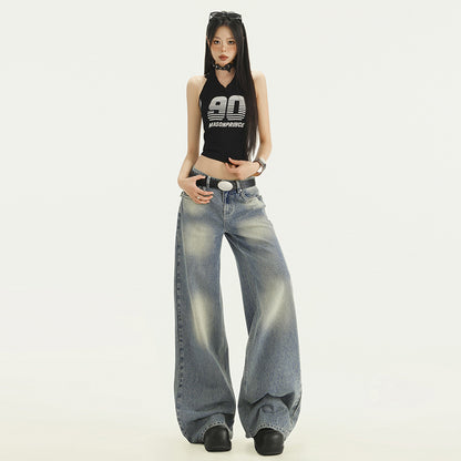 Gradient Washed Denim Pants for Women Vibe Retro Loose Straight Leg Wide Leg Pants