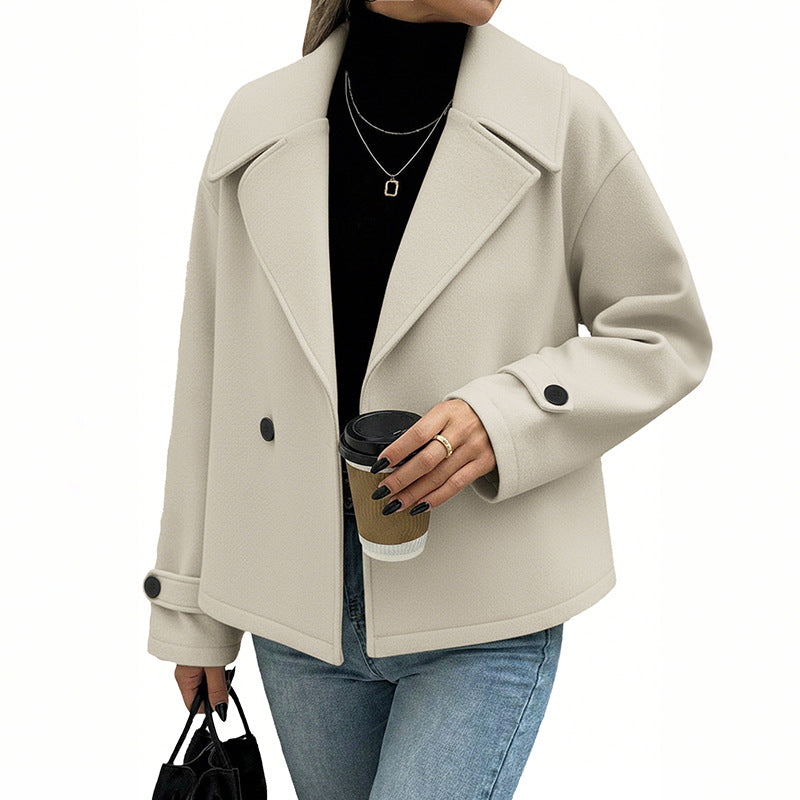 Short coat with double breasted solid color woolen coat