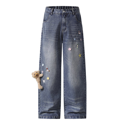 Cartoon Bear Decorative Design Denim Pants Unisex Loose Couple Casual Straight Leg Long Pants
