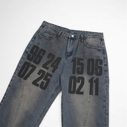 Streetwear Men's Straight Leg Denim Jeans with Letter Print, Casual Loose Fit  Pants