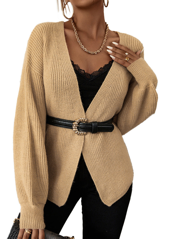 Autumn And Winter New Women Knitted Cardigan Sweater Solid Color V-Neck Casual Top