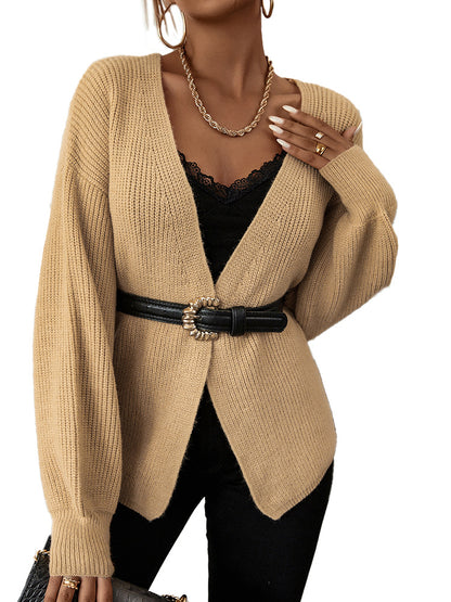 Autumn And Winter New Women Knitted Cardigan Sweater Solid Color V-Neck Casual Top