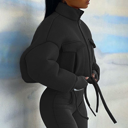 Autumn Women's New Sexy Open Navel Stand Collar Loose Short Jacket Coat