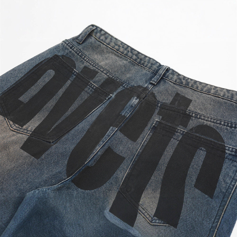 Streetwear Men's Straight Leg Denim Jeans with Letter Print, Casual Loose Fit  Pants