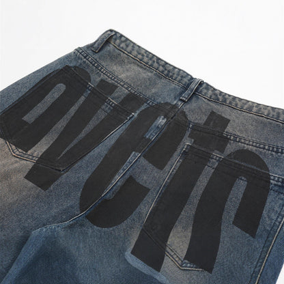 Streetwear Men's Straight Leg Denim Jeans with Letter Print, Casual Loose Fit  Pants