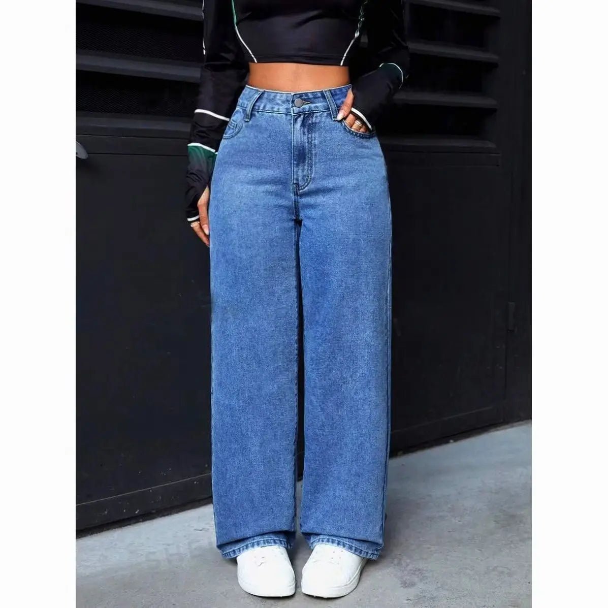 American Women's Blue Washed High - Waisted Straight - Leg Jeans Loose Fashion Front & Back Pockets Jeans Suitable Daily Casual Wear - 𝐝𝐮𝐯𝐥𝐚𝐬𝐡𝐨𝐩.𝐜𝐨𝐦