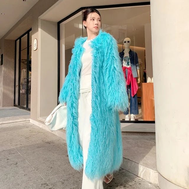 Autumn And Winter Fashion Light Blue Furry Jacket Imitation Beach Sheep Wool Over Knee Long Coat Lamb Woolen - 𝐝𝐮𝐯𝐥𝐚𝐬𝐡𝐨𝐩.𝐜𝐨𝐦