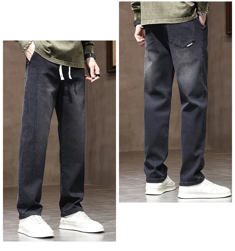 Autumn Winter Retro Jeans Men Drawstring Elastic Waist Cotton Cargo Denim Pants Work Korean Fashion Thick Trousers Male M - 4XL - 𝐃𝐔𝐕𝐋𝐀𝐒𝐇𝐎𝐏