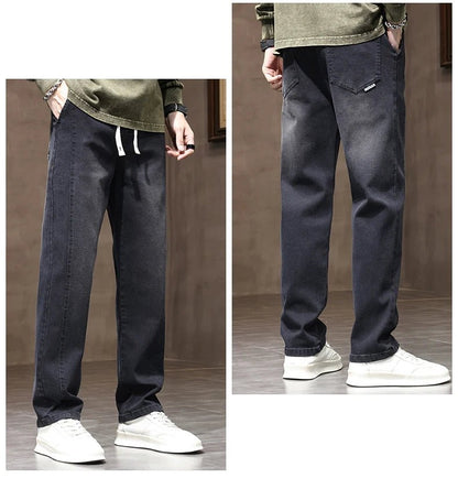 Autumn Winter Retro Jeans Men Drawstring Elastic Waist Cotton Cargo Denim Pants Work Korean Fashion Thick Trousers Male M - 4XL - 𝐃𝐔𝐕𝐋𝐀𝐒𝐇𝐎𝐏