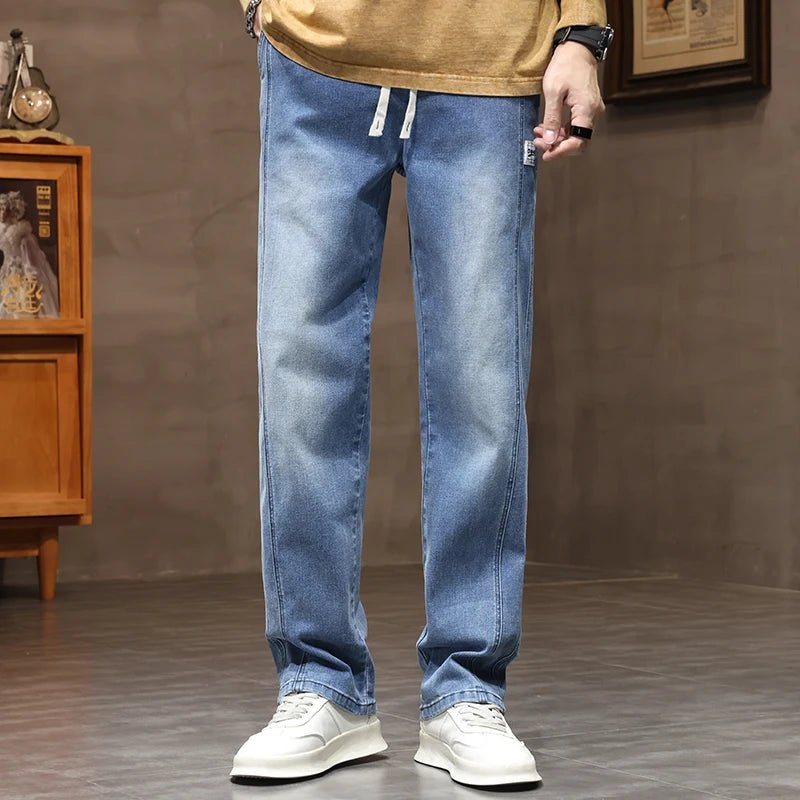 Autumn Winter Retro Jeans Men Drawstring Elastic Waist Cotton Cargo Denim Pants Work Korean Fashion Thick Trousers Male M - 4XL - 𝐝𝐮𝐯𝐥𝐚𝐬𝐡𝐨𝐩.𝐜𝐨𝐦