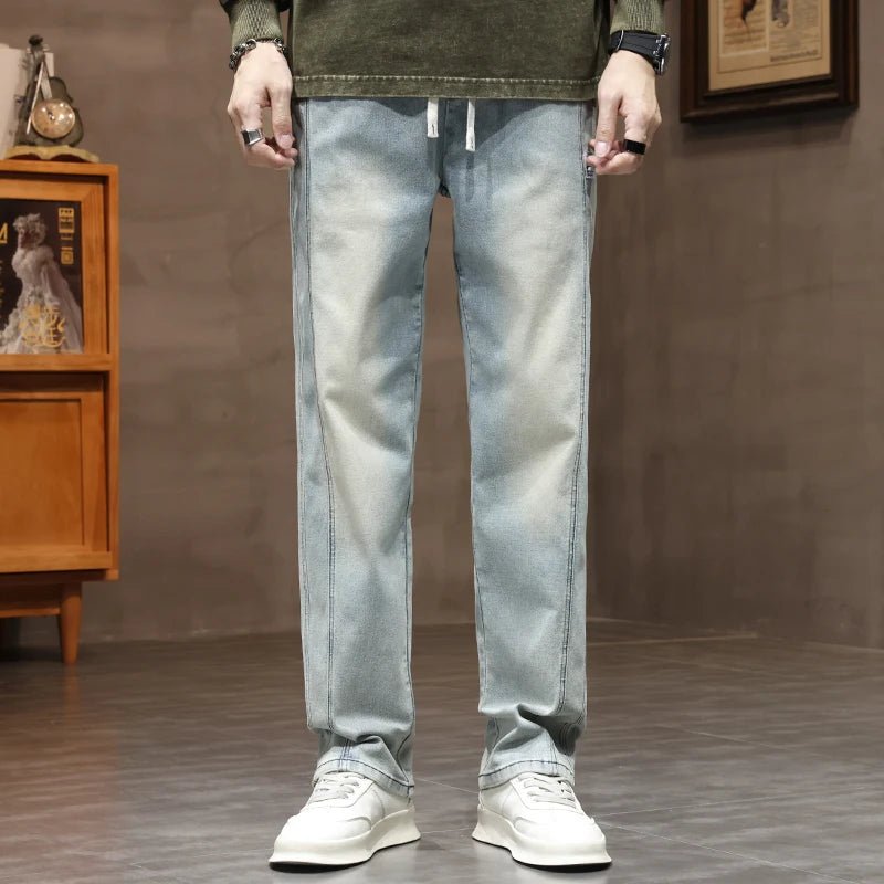 Autumn Winter Retro Jeans Men Drawstring Elastic Waist Cotton Cargo Denim Pants Work Korean Fashion Thick Trousers Male M - 4XL - 𝐝𝐮𝐯𝐥𝐚𝐬𝐡𝐨𝐩.𝐜𝐨𝐦