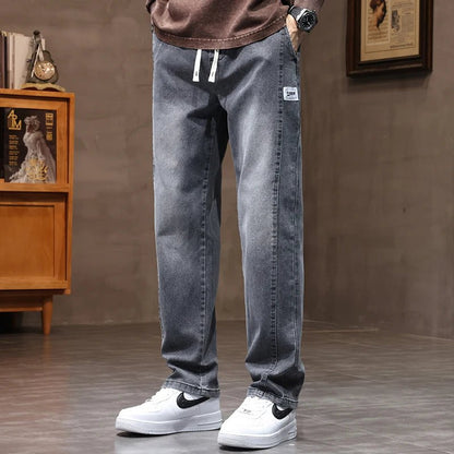 Autumn Winter Retro Jeans Men Drawstring Elastic Waist Cotton Cargo Denim Pants Work Korean Fashion Thick Trousers Male M - 4XL - 𝐃𝐔𝐕𝐋𝐀𝐒𝐇𝐎𝐏