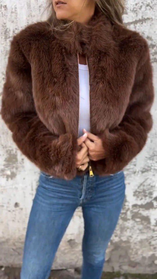 Autumn/Winter Women's Imitation Fur High Collar Zipper Casual Top Coat - 𝐃𝐔𝐕𝐋𝐀𝐒𝐇𝐎𝐏