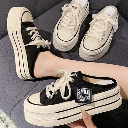 Baotou half slippers for women wearing thick soled height increasing lazy casual versatile canvas white shoes - 𝐝𝐮𝐯𝐥𝐚𝐬𝐡𝐨𝐩.𝐜𝐨𝐦