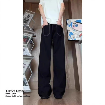Black Stitched Knife - Edge Denim Pants Men's Street Style Straight Leg Wide - Leg Trousers - 𝐃𝐔𝐕𝐋𝐀𝐒𝐇𝐎𝐏
