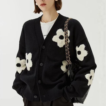 Cardigans for Women Sweater Floral Single Breasted V - Neck Chic Casual Knitted Coat Fashion Long Sleeve Female Cardigan - 𝐃𝐔𝐕𝐋𝐀𝐒𝐇𝐎𝐏