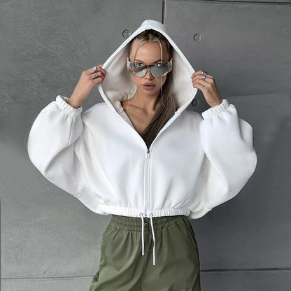 Casual Loose Hoodie for Women Short Crop Tied Waist Crop Top Zipper Long Sleeve Sweatshirt - 𝐃𝐔𝐕𝐋𝐀𝐒𝐇𝐎𝐏