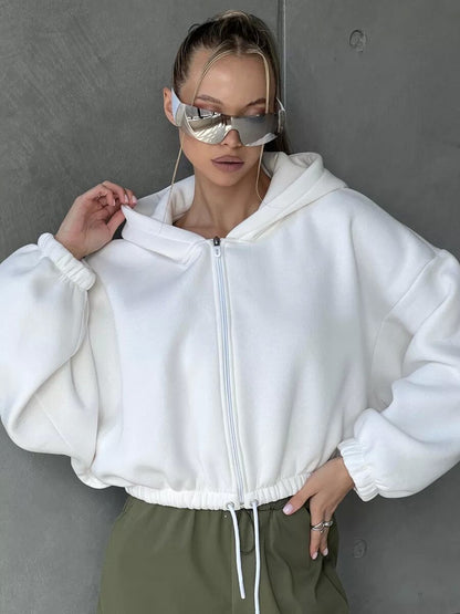 Casual Loose Hoodie for Women Short Crop Tied Waist Crop Top Zipper Long Sleeve Sweatshirt - 𝐃𝐔𝐕𝐋𝐀𝐒𝐇𝐎𝐏