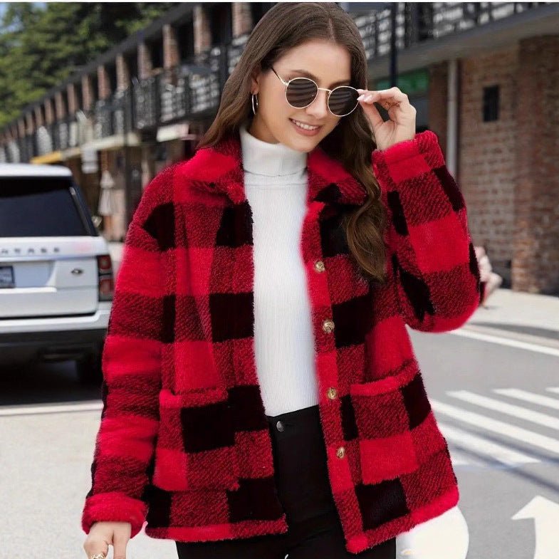Chic Women's Plaid Fleece Coat with Patch Pockets, Long Sleeve, Casual Winter Fashion Outerwear - 𝐝𝐮𝐯𝐥𝐚𝐬𝐡𝐨𝐩.𝐜𝐨𝐦