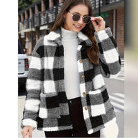 Chic Women's Plaid Fleece Coat with Patch Pockets, Long Sleeve, Casual Winter Fashion Outerwear - 𝐝𝐮𝐯𝐥𝐚𝐬𝐡𝐨𝐩.𝐜𝐨𝐦