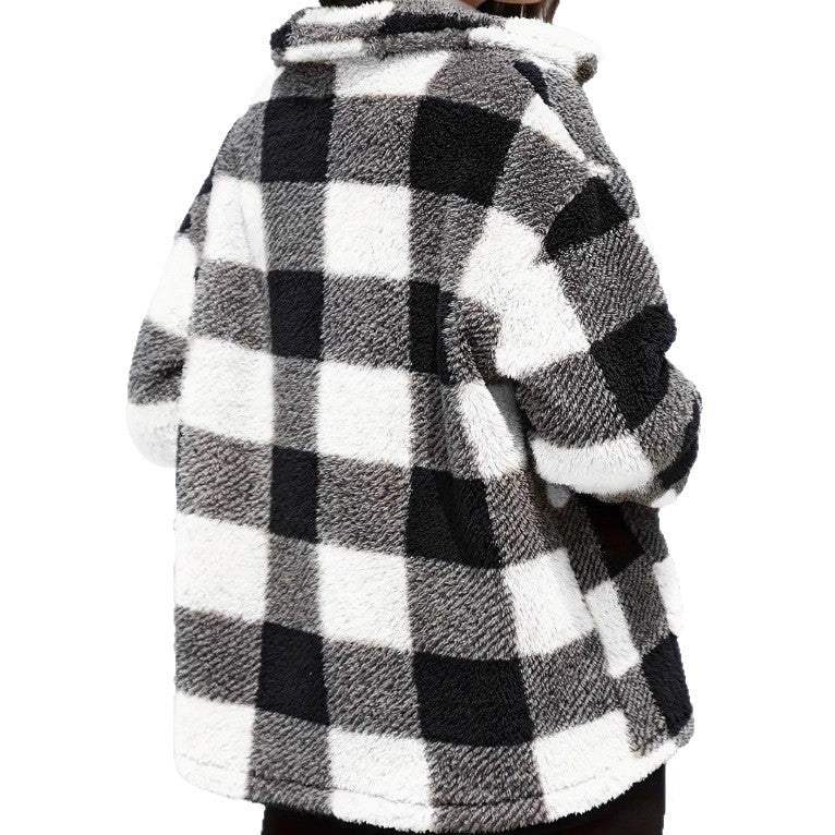 Chic Women's Plaid Fleece Coat with Patch Pockets, Long Sleeve, Casual Winter Fashion Outerwear - 𝐝𝐮𝐯𝐥𝐚𝐬𝐡𝐨𝐩.𝐜𝐨𝐦