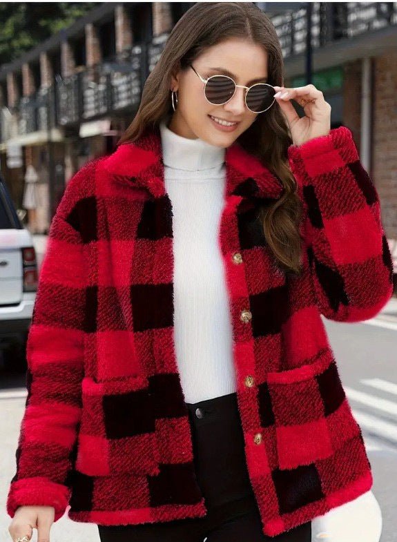 Chic Women's Plaid Fleece Coat with Patch Pockets, Long Sleeve, Casual Winter Fashion Outerwear - 𝐝𝐮𝐯𝐥𝐚𝐬𝐡𝐨𝐩.𝐜𝐨𝐦
