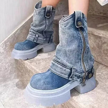 Denim Ankle Boots For Women Round Toe Thick Bottom Side Zipper Belt Buckle Female Shoes Solid Color Low Heel Designer New Brand - 𝐃𝐔𝐕𝐋𝐀𝐒𝐇𝐎𝐏