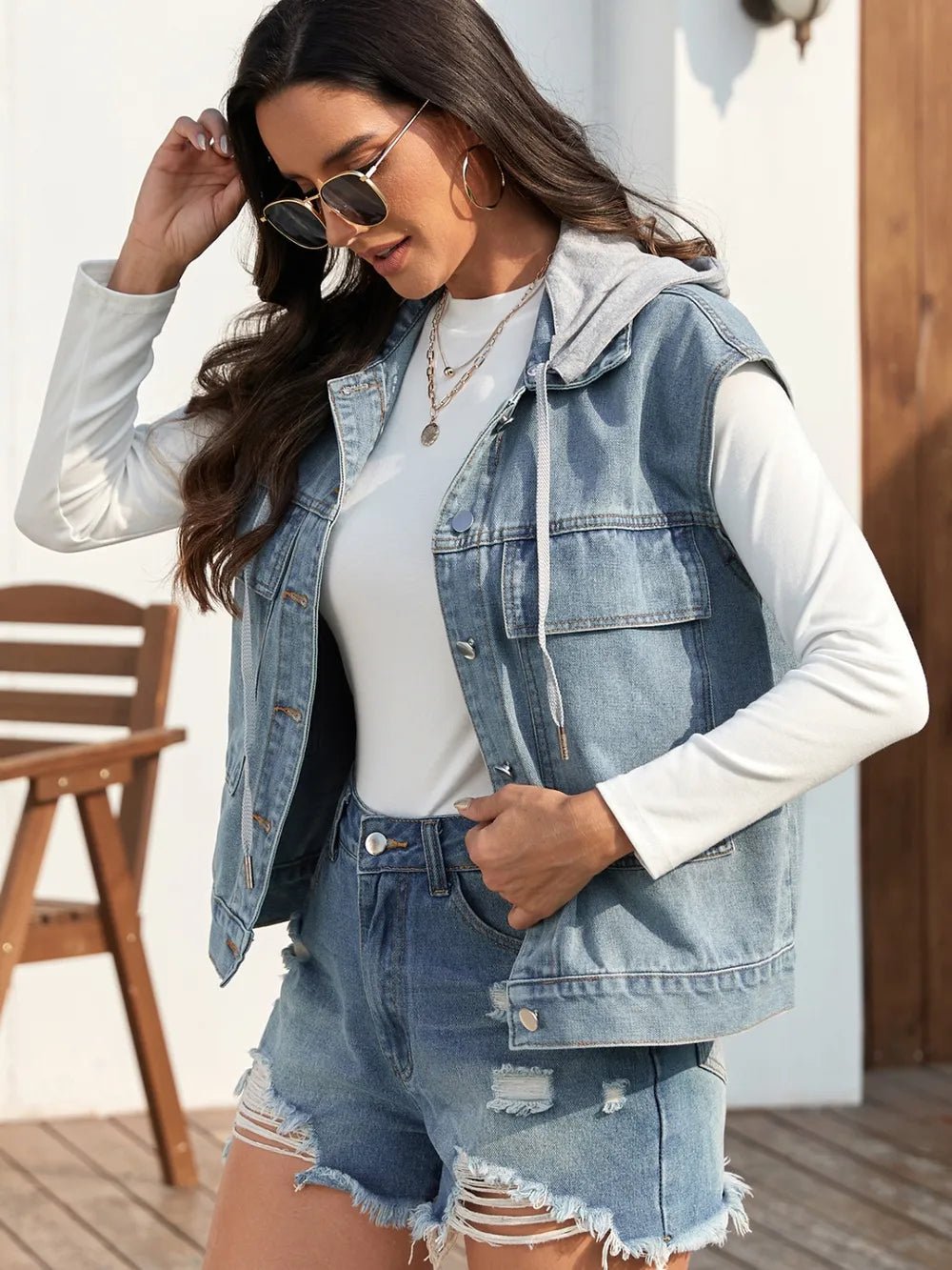 Drawstring Button Up Sleeveless Denim Jacket - 𝐃𝐔𝐕𝐋𝐀𝐒𝐇𝐎𝐏