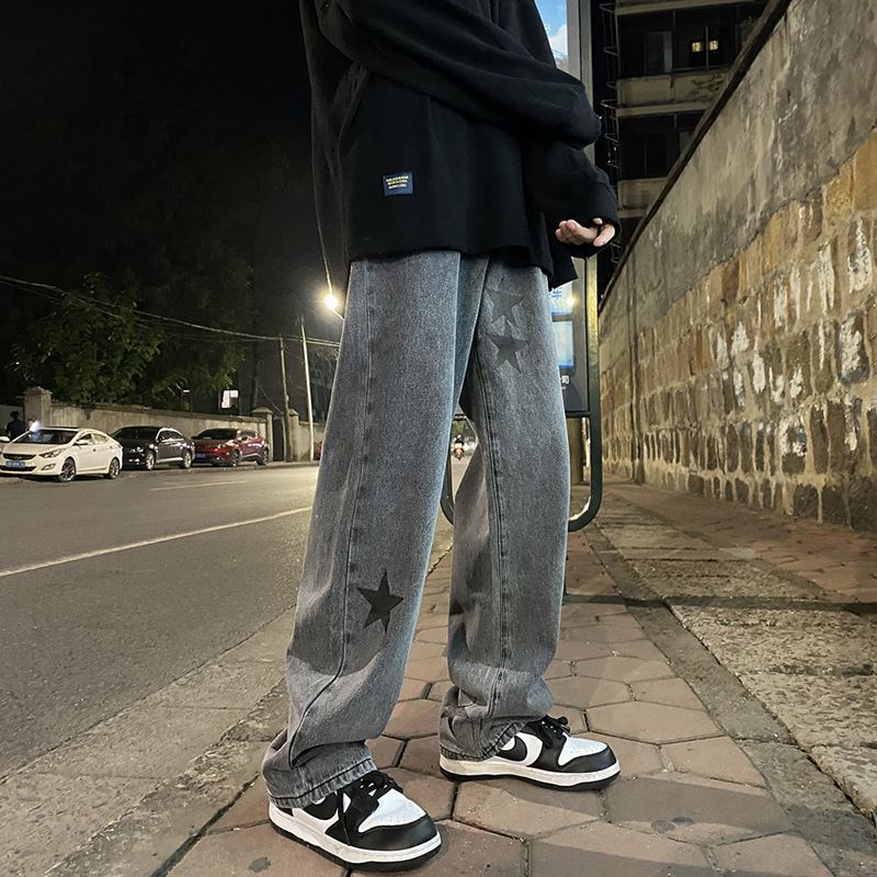 European and American high street Vibe pants Instagram trendy pentagram smoke gray jeans men's loose straight leg wide leg pants autumn and winter - 𝐝𝐮𝐯𝐥𝐚𝐬𝐡𝐨𝐩.𝐜𝐨𝐦
