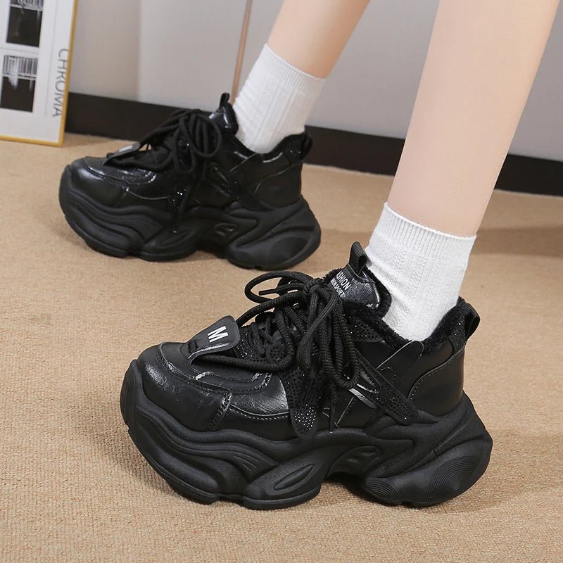 Fashion Chunky Platform Sneakers for Women 2026 Shiny Crystals Thick Bottom Dad Shoes Woman Lace Up Black White Vulcanizd Shoes - 𝐃𝐔𝐕𝐋𝐀𝐒𝐇𝐎𝐏