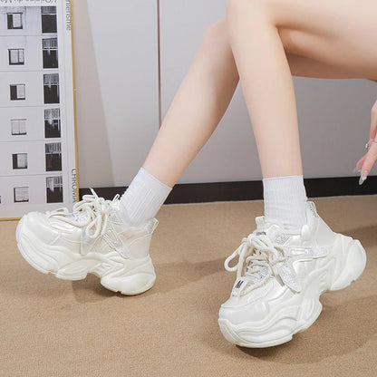 Fashion Chunky Platform Sneakers for Women 2026 Shiny Crystals Thick Bottom Dad Shoes Woman Lace Up Black White Vulcanizd Shoes - 𝐃𝐔𝐕𝐋𝐀𝐒𝐇𝐎𝐏
