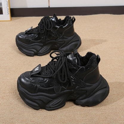 Fashion Chunky Platform Sneakers for Women 2026 Shiny Crystals Thick Bottom Dad Shoes Woman Lace Up Black White Vulcanizd Shoes - 𝐃𝐔𝐕𝐋𝐀𝐒𝐇𝐎𝐏