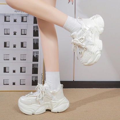Fashion Chunky Platform Sneakers for Women 2026 Shiny Crystals Thick Bottom Dad Shoes Woman Lace Up Black White Vulcanizd Shoes - 𝐃𝐔𝐕𝐋𝐀𝐒𝐇𝐎𝐏