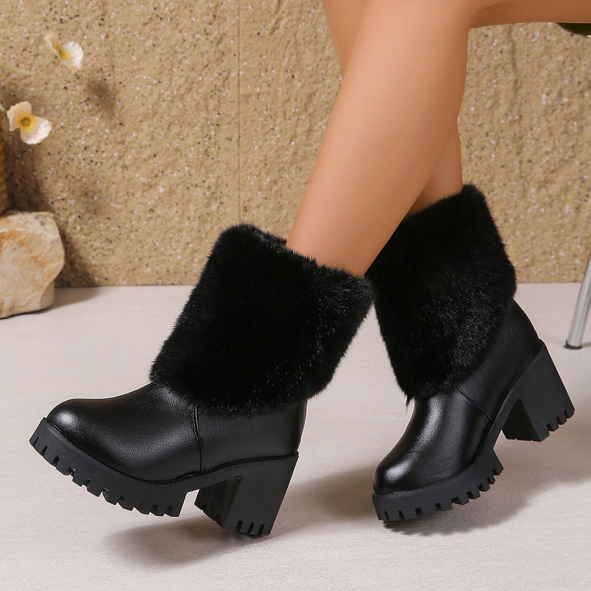 Fashion Winter Snow Boots Women's High Heel Short Boots with Thick Fleece Lining Warm Cotton Boots with Thick Chunky Heel Slip - Resistant Women's Boots - 𝐝𝐮𝐯𝐥𝐚𝐬𝐡𝐨𝐩.𝐜𝐨𝐦